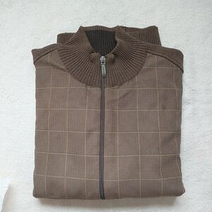 Alex Cannon Sweater Jacket Men L/M*Brown Houndstooth Plaid Zip MockNeck Knit New
